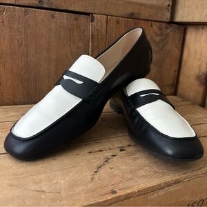 TOD’s Women’s Black and White Leather Penny Loafers, Tuxedo